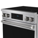 Stainless steel induction range control panel with digital display and large side knobs