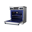 Stainless induction range with open blue-lit oven and pull-out rack