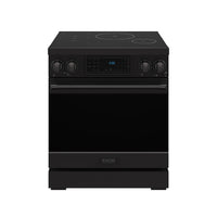Black induction range front with tilt touch control panel, knobs, and glass cooktop