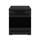 Black induction range front with tilt touch control panel, knobs, and glass cooktop