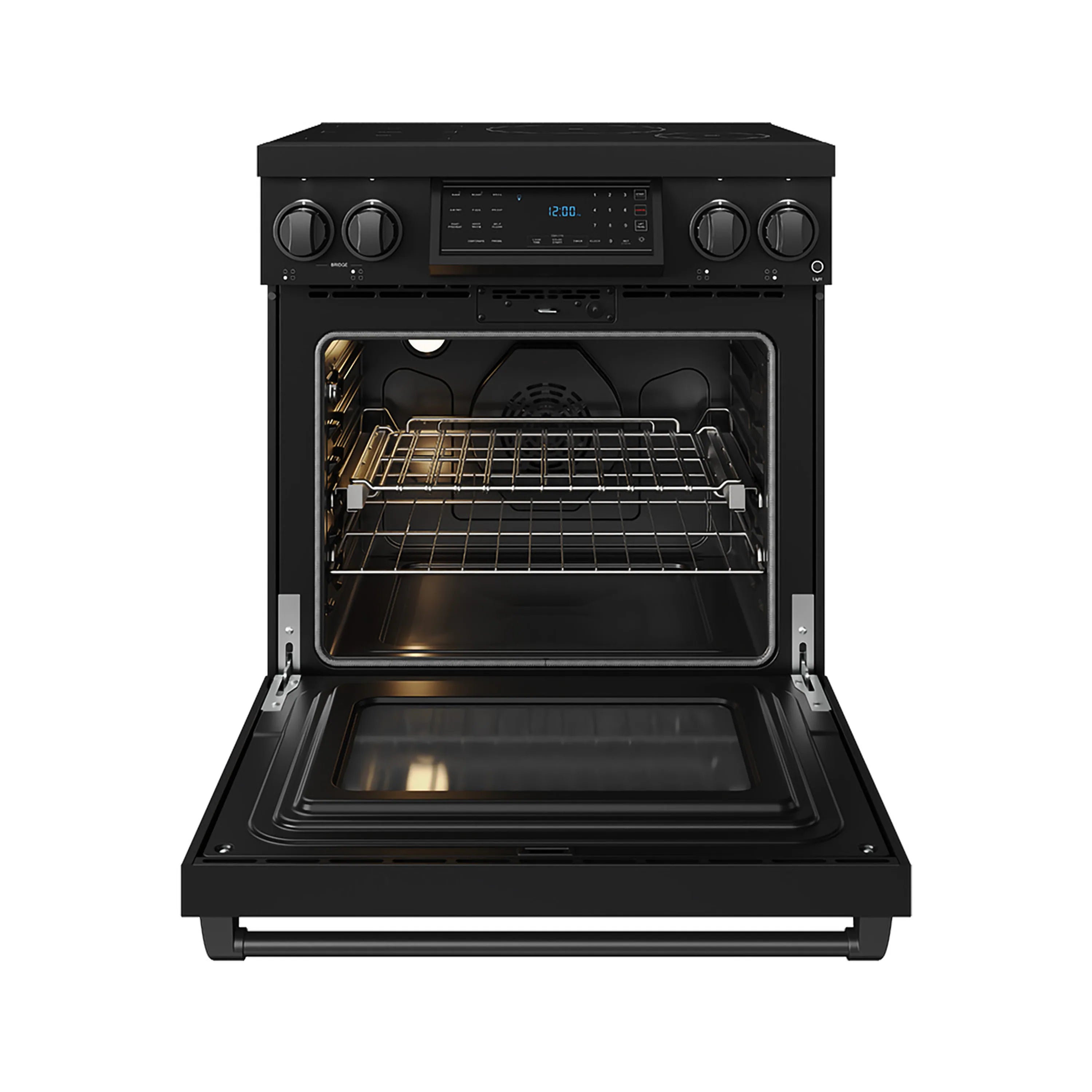 Black induction range with oven door open and racks positioned inside