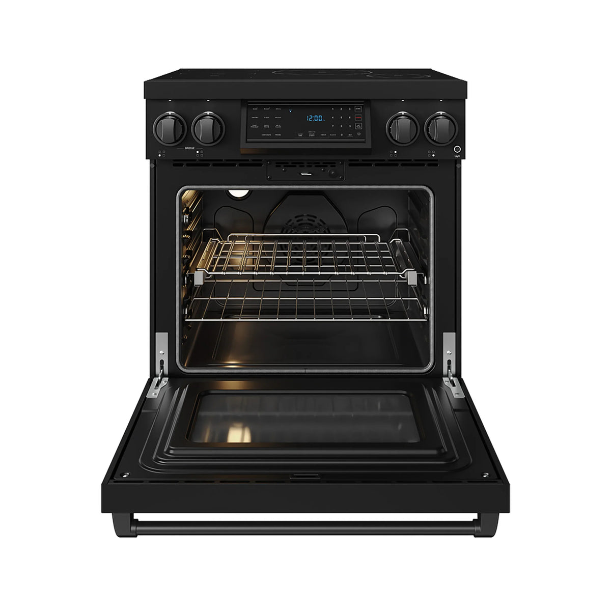 Black Thor induction range with oven door open and wire rack inside