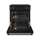 Black induction range with oven door open and racks positioned inside
