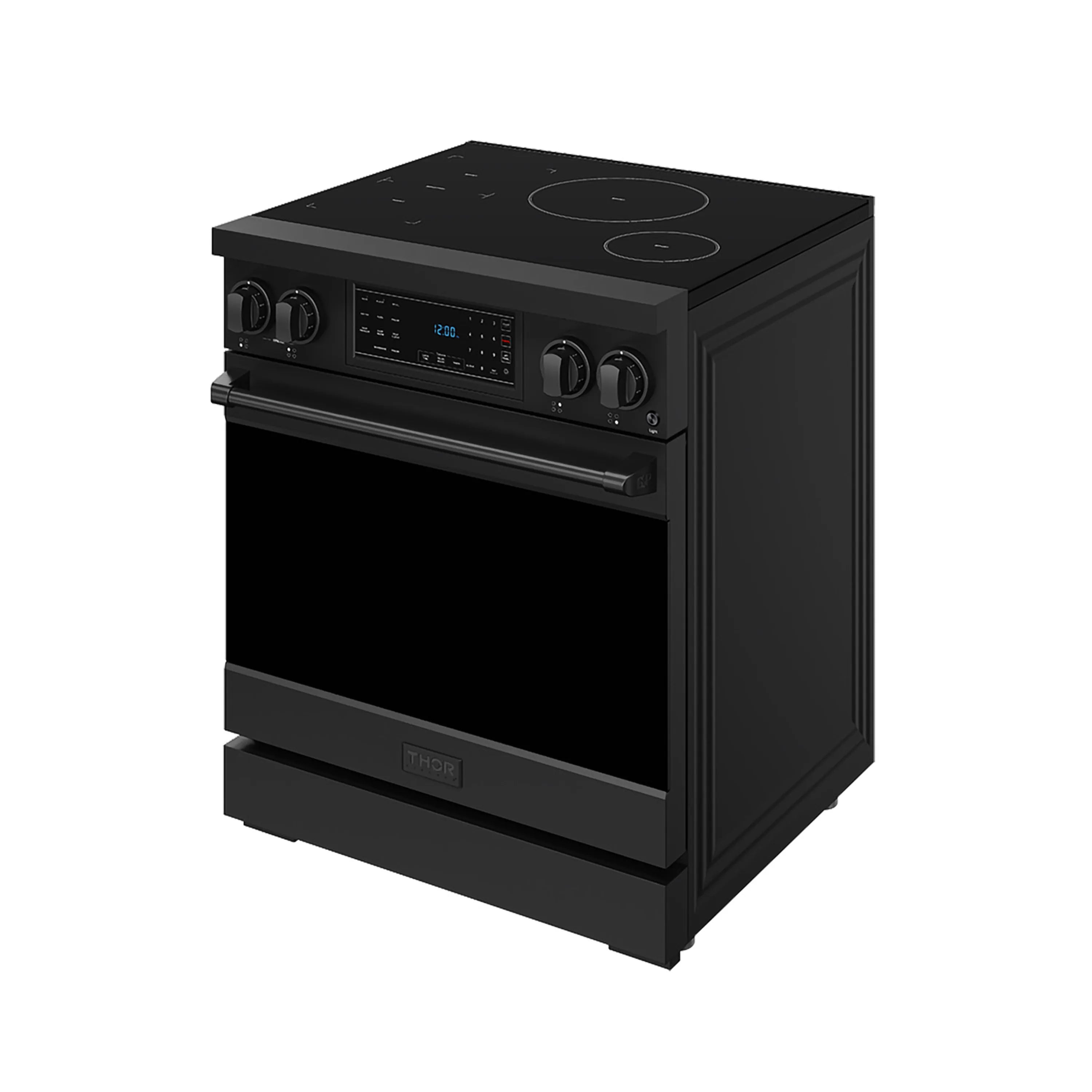 Black 30-inch induction range with tilt touch control panel and oven door