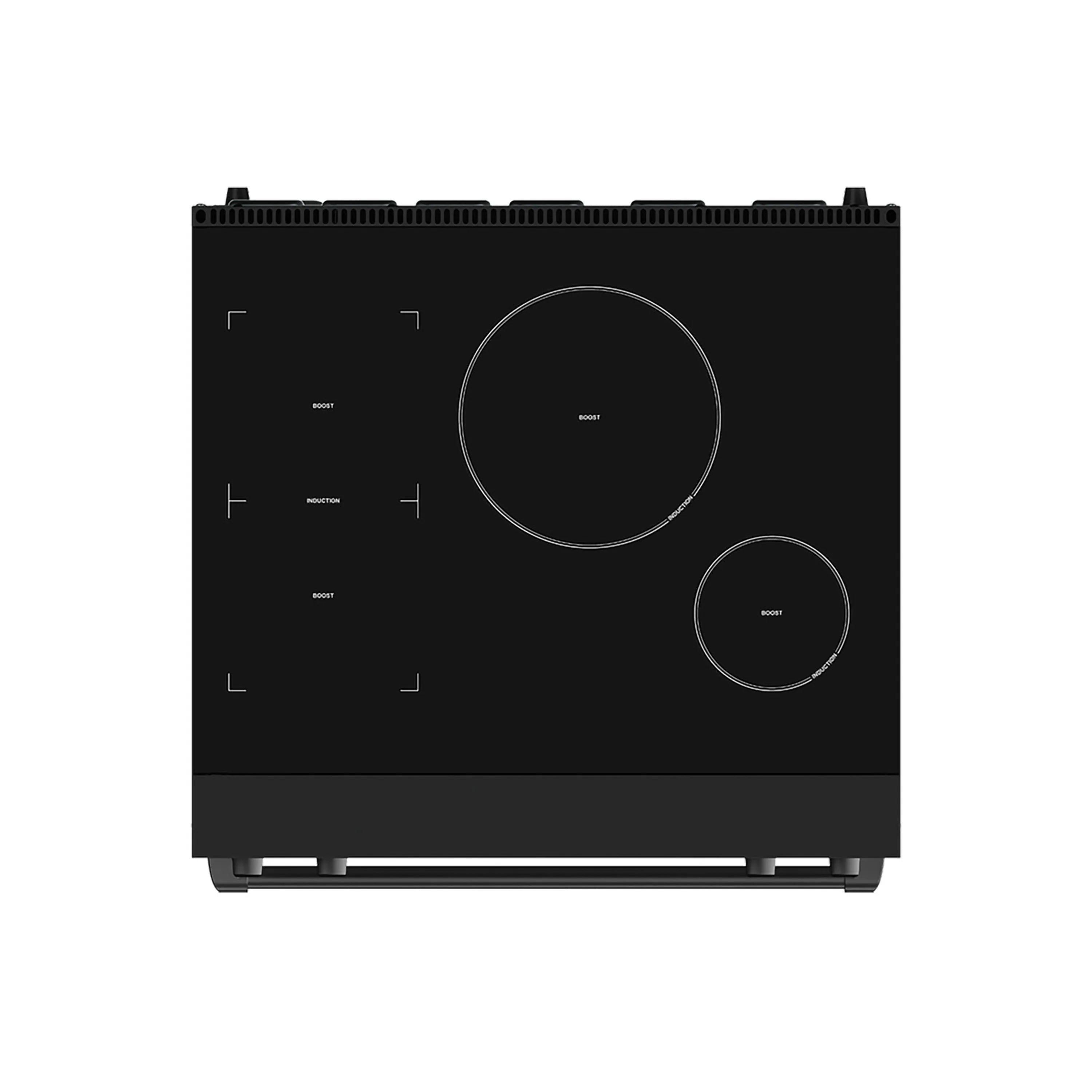 Black induction cooktop with four radiant element circles on flat glass surface