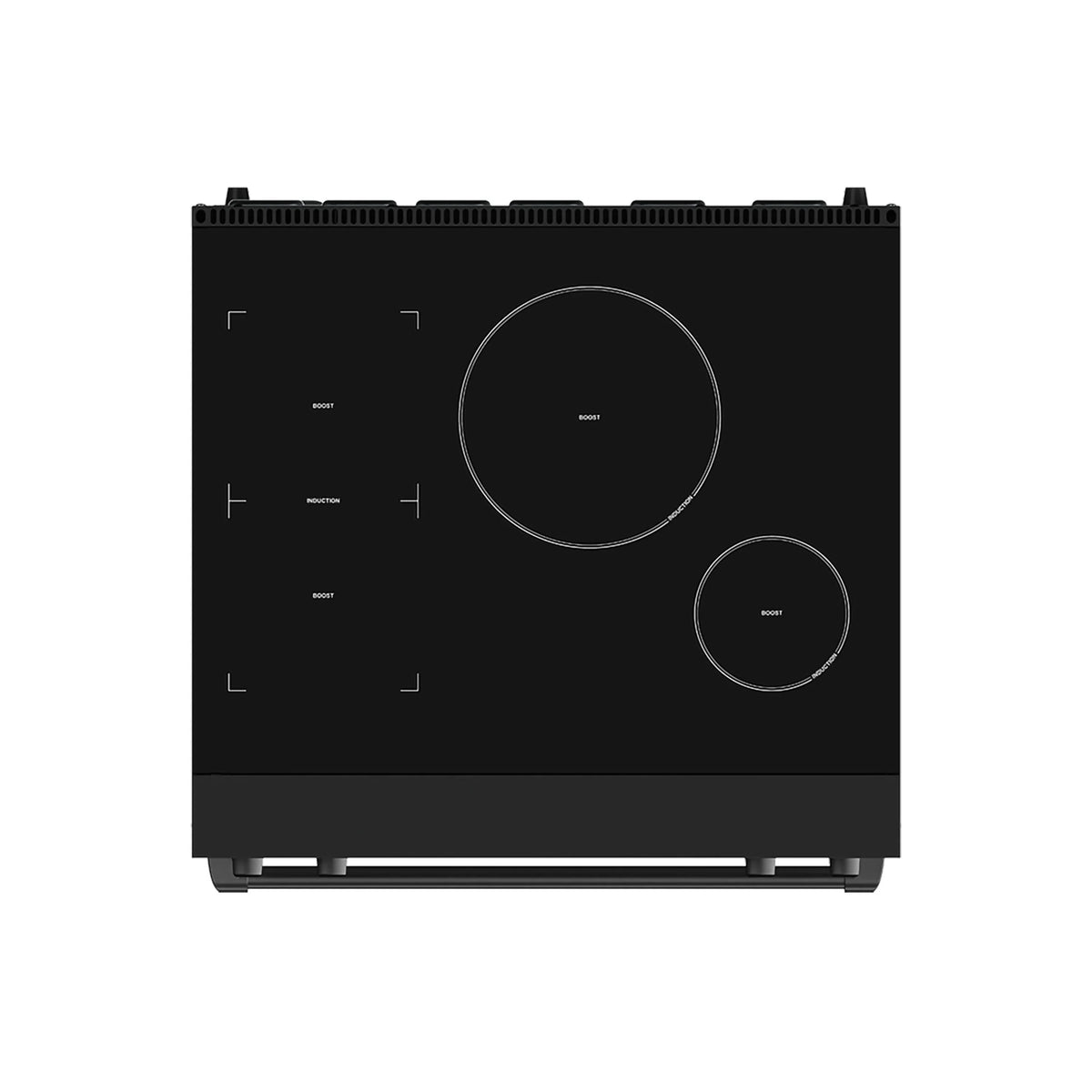 Black induction cooktop with four circular heating zones and touch controls