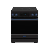 Black 30-inch induction range with blue trim and tilt touch control panel