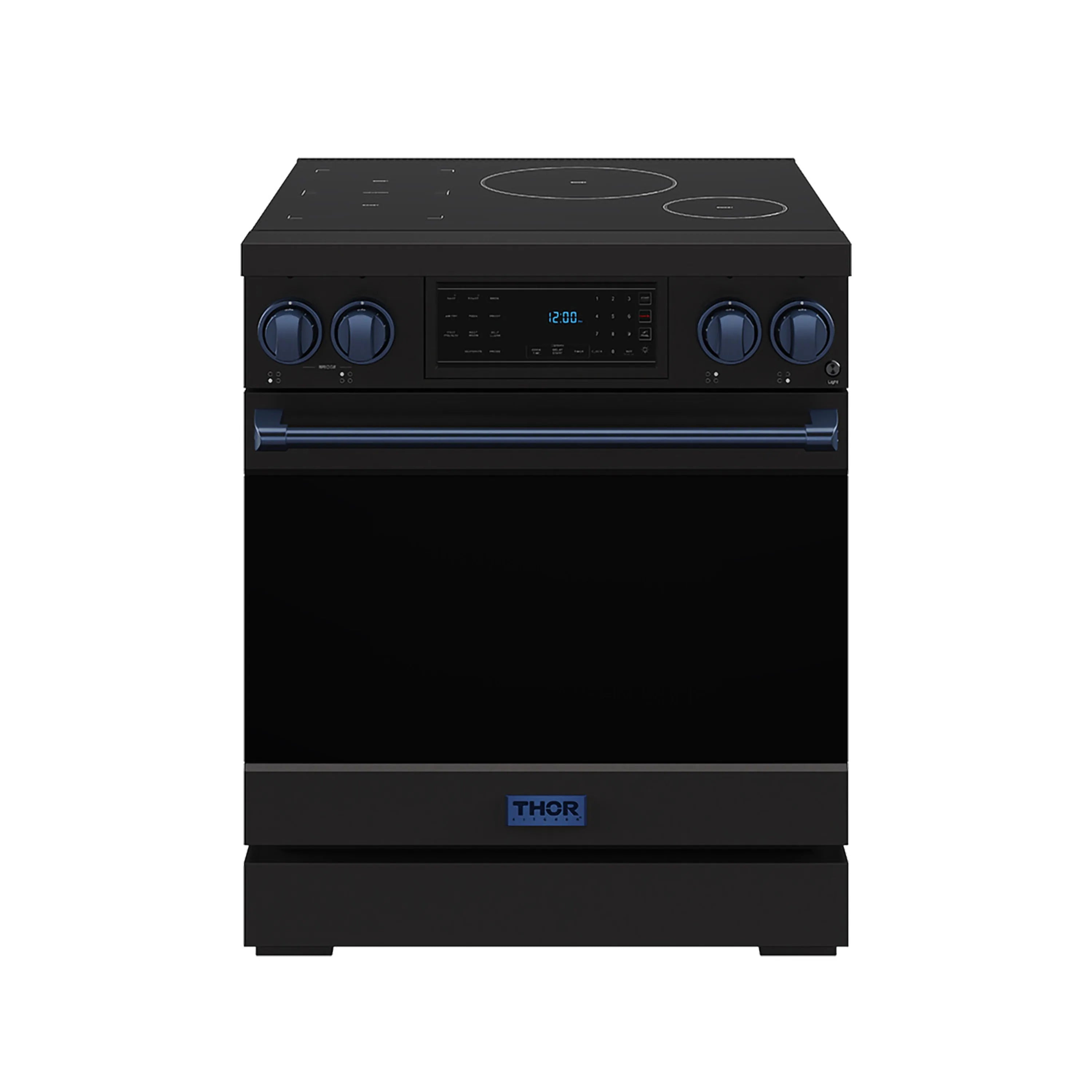 Black 30-inch induction range with blue trim and tilt touch control panel