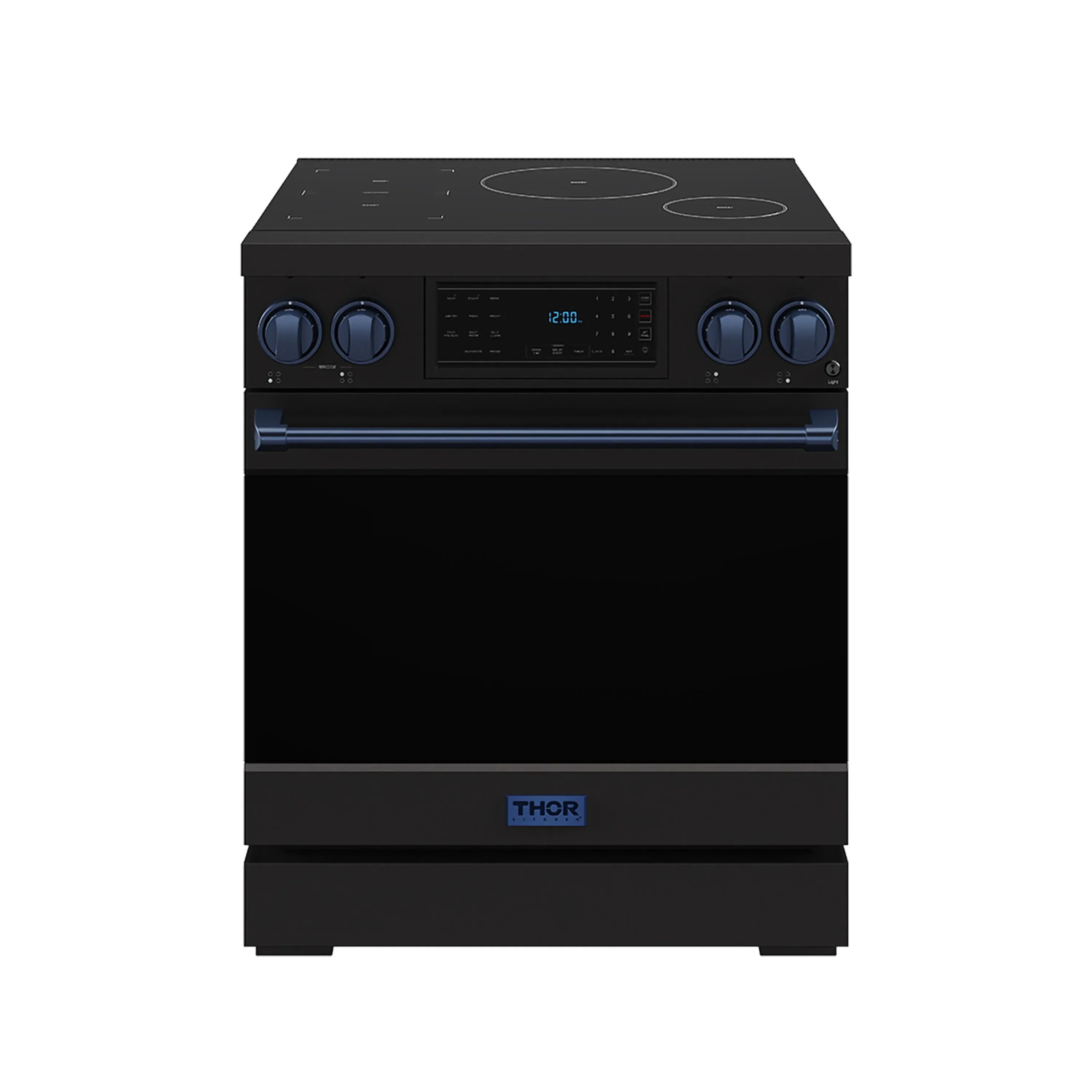 Black induction range with blue control knobs and blue-trimmed oven door
