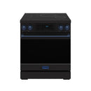 Black 30-inch induction range with blue trim and tilt touch control panel