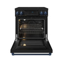 Black induction range with oven door open, wire rack and blue-trim oven drawer