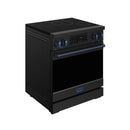Black induction range front with touch display, blue knobs, and glass oven door
