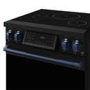 Black induction cooktop with four coil burners, blue control knobs, and digital display