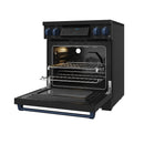 Black induction range with oven open, baking rack, and blue-trim lower drawer