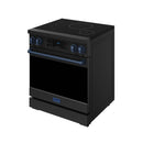 Black induction range side view with blue-trim handle and touch control panel