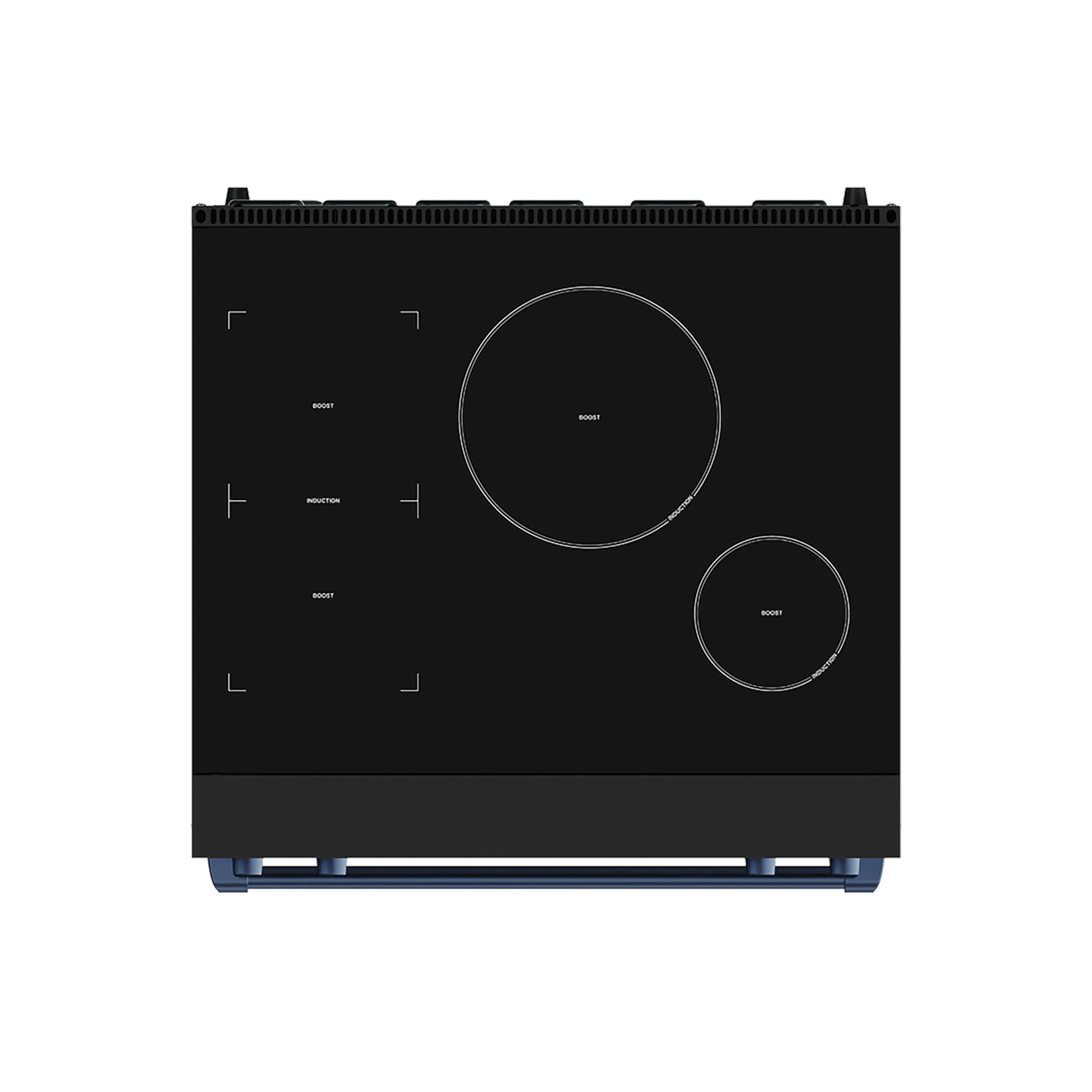 Black induction cooktop with round burners and control icons, blue trim feet