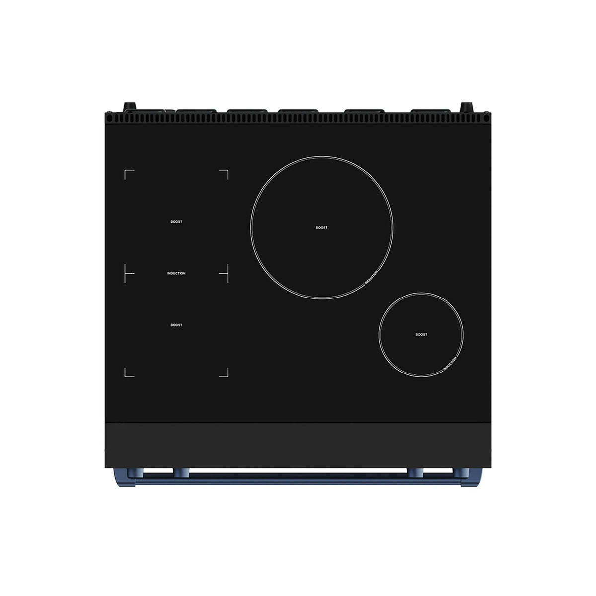 Black induction cooktop with circular burner zones and touch controls with blue accents