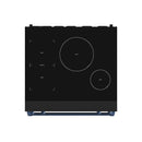 Black induction cooktop with round burners and control icons, blue trim feet