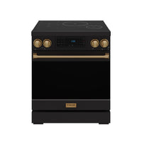 Black induction range with bronze trim, front control panel and four cooktop zones