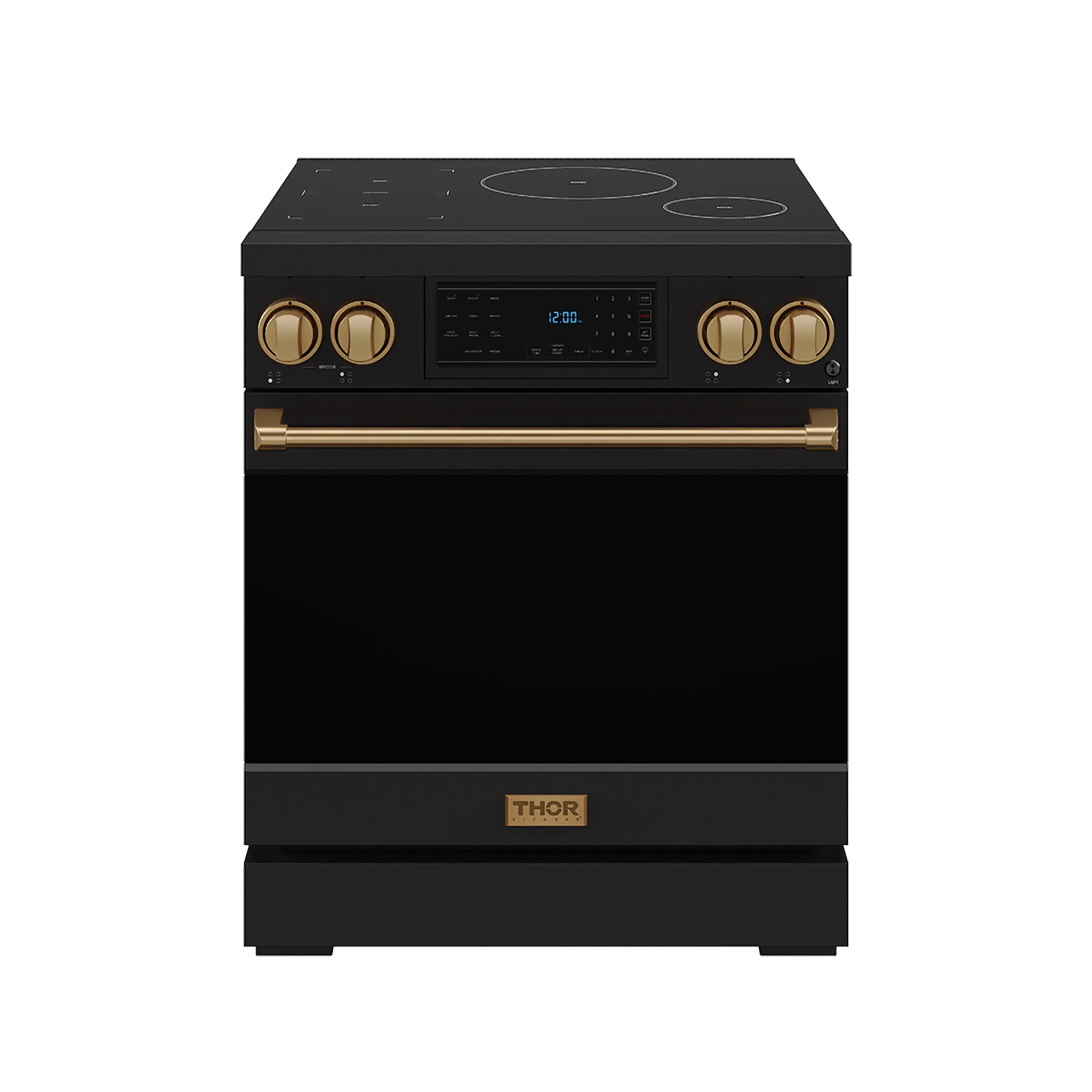 Black 30-inch induction range with bronze knobs and control panel