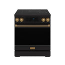 Black induction range with bronze trim, front control panel and four cooktop zones