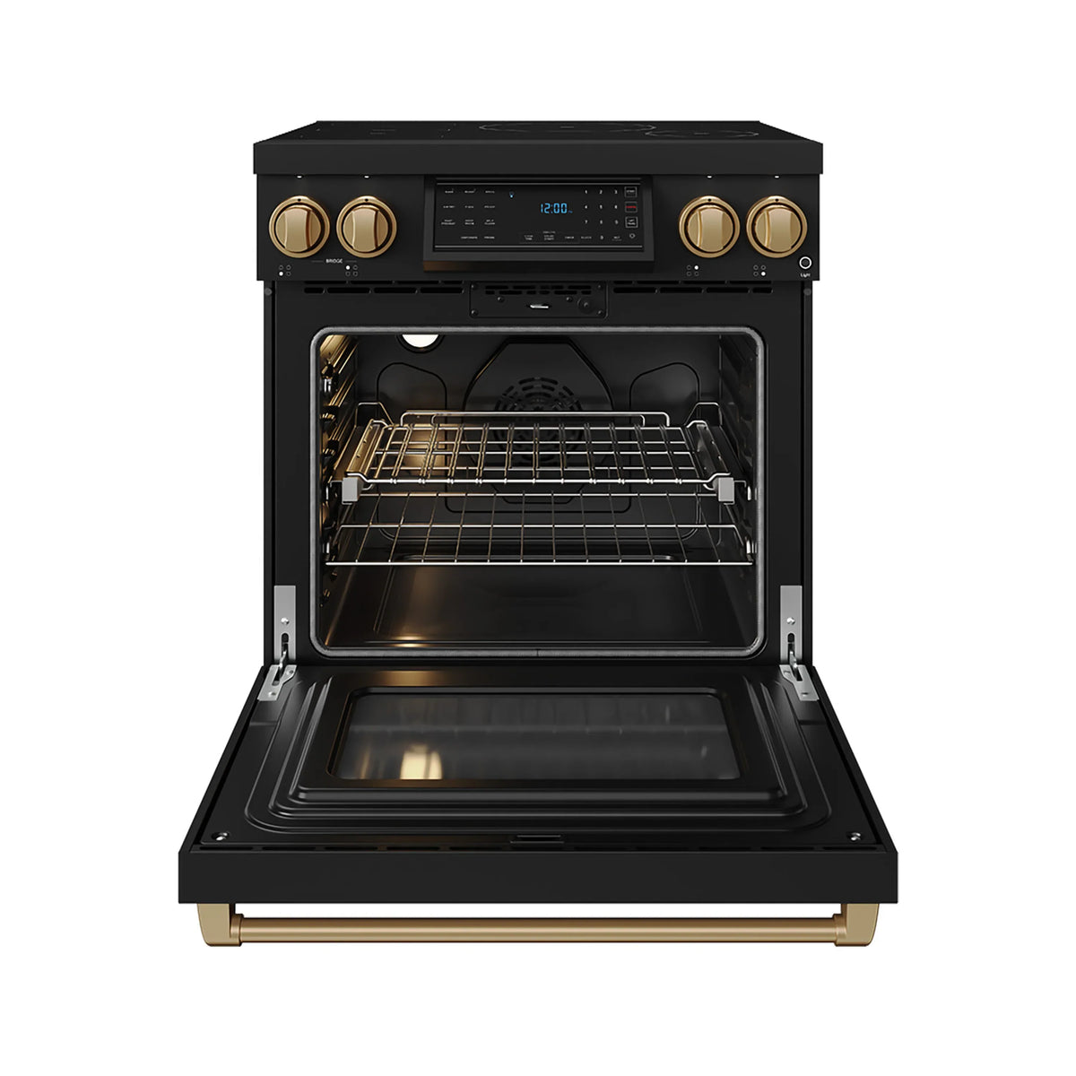 Black induction range oven door open showing racks and dark interior cavity