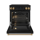 Black induction range with bronze trim, open oven door and wire rack