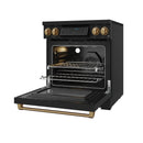 Black induction range with bronze trim, oven cavity with racks and tray
