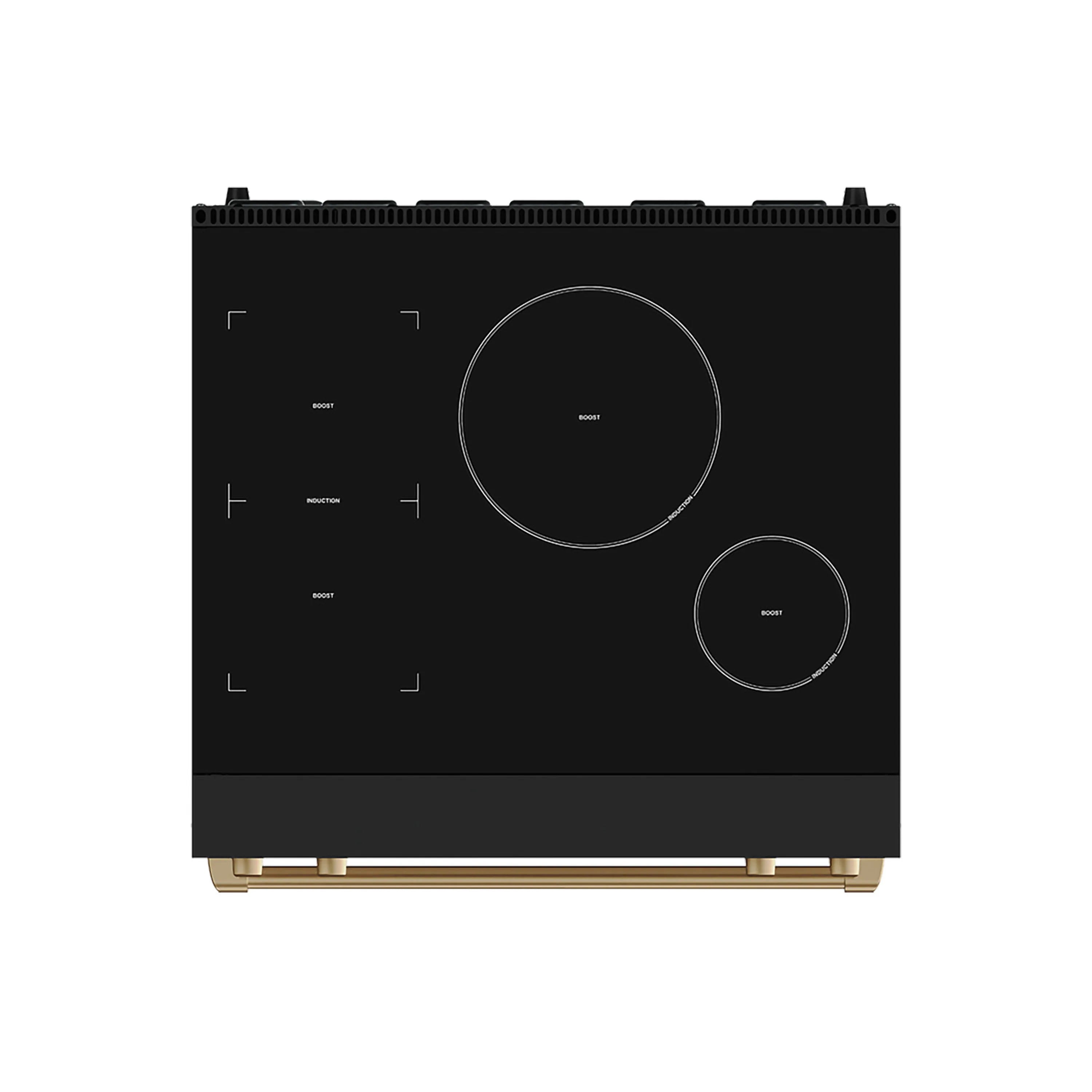 Black induction cooktop with bronze base trim and two visible burner circles