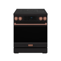 Black induction range with rose-gold trim, tilt touch controls, and black glass cooktop