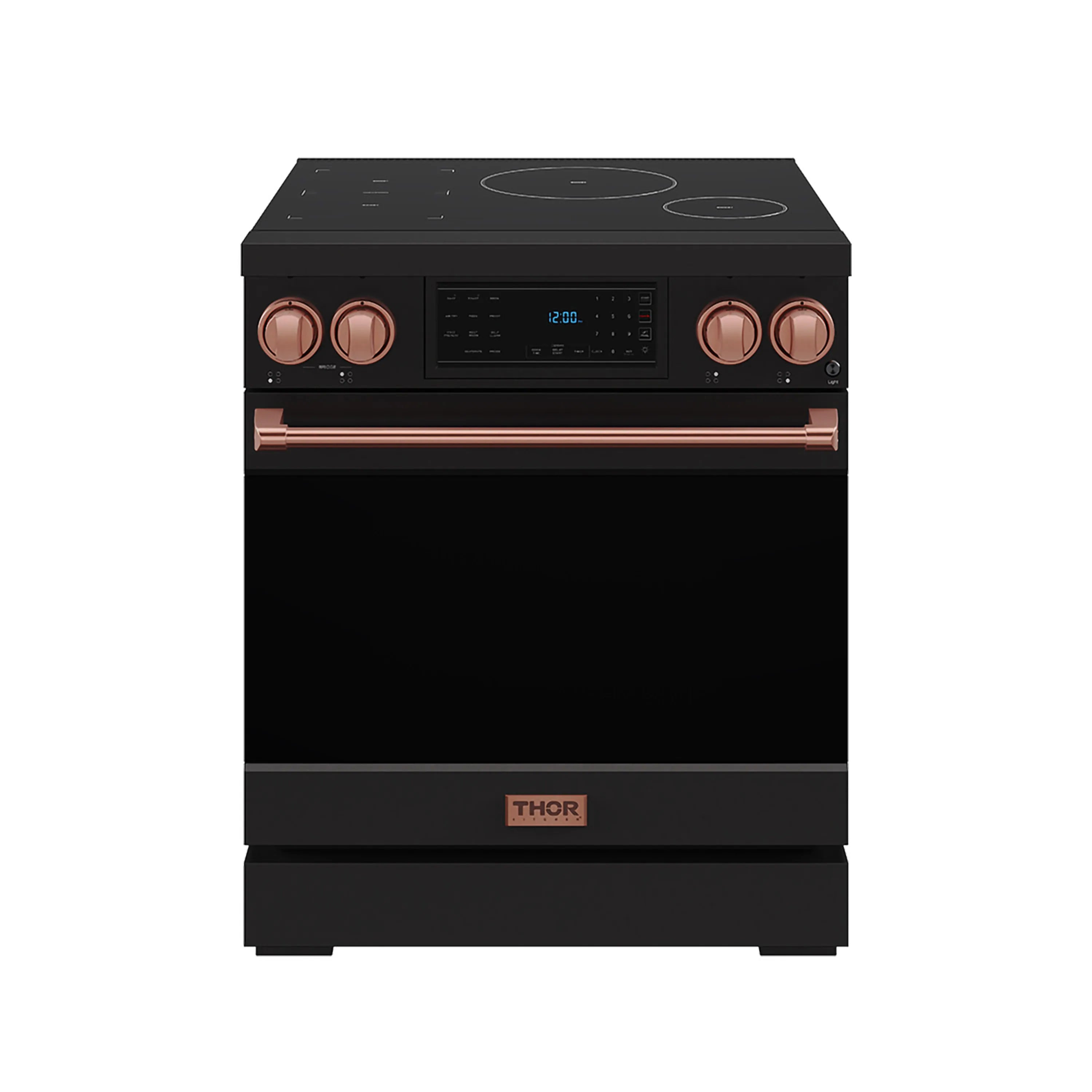 Black induction range with rose-gold trim, tilt touch controls, and black glass cooktop