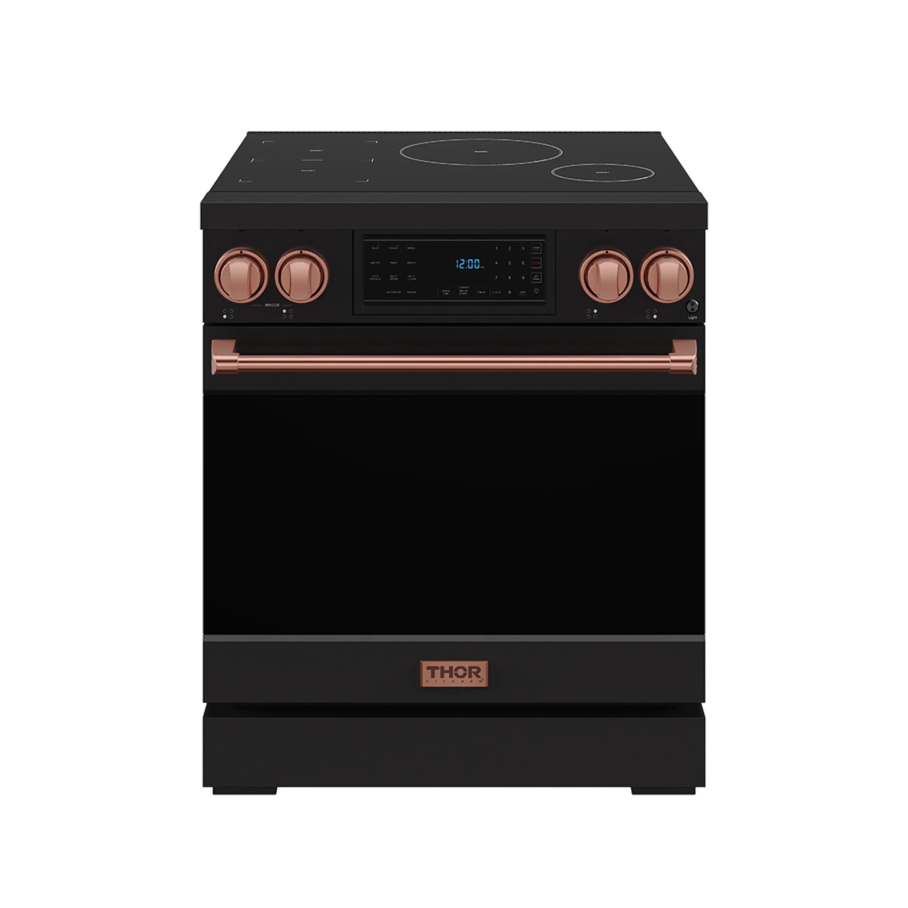 Black induction range with rose gold trim control knobs and digital display