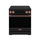 Black induction range with rose-gold trim, tilt touch controls, and black glass cooktop