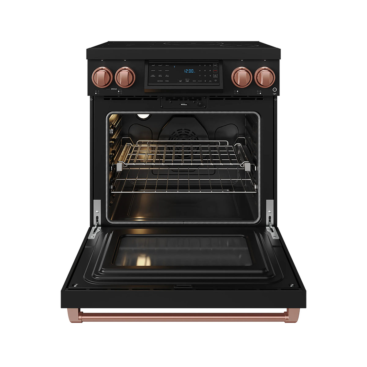 Black induction range with open oven door, wire rack inside, rose-gold trim