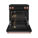 Black induction range with open oven door, wire rack inside, rose-gold trim