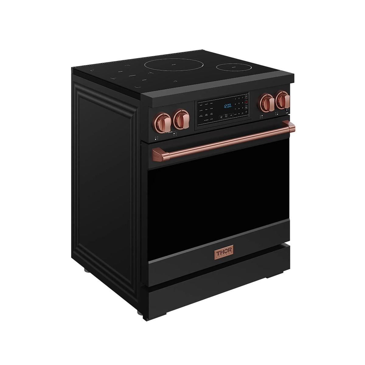 Black induction range with rose gold trim handle and control panel