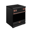 Black induction range with rose-gold handle, tilt touch panel, and copper-knob controls