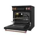 Black induction range with oven open, baking rack and bake tray, rose-gold handle