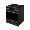 Black induction range with rose-gold trim, tilt touch controls, and cooktop circles
