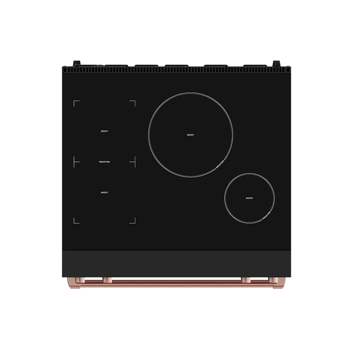 Black induction cooktop with circular burner zones and rose gold-style control graphics