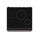 Black induction cooktop with two large burner circles and control area, rose-gold legs