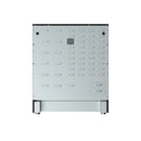 Underside panel of black induction range with vented metal base and leveling feet
