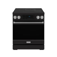 Black 30-inch induction range with stainless trim and tilt panel touch controls