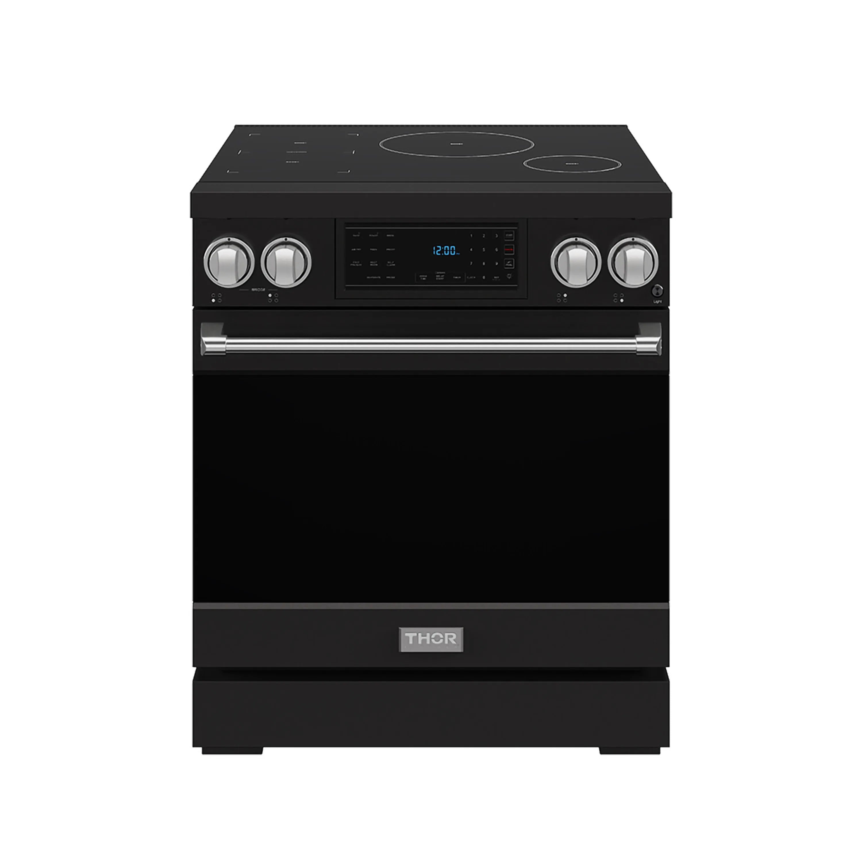 Black 30-inch induction range with stainless trim and tilt panel touch controls