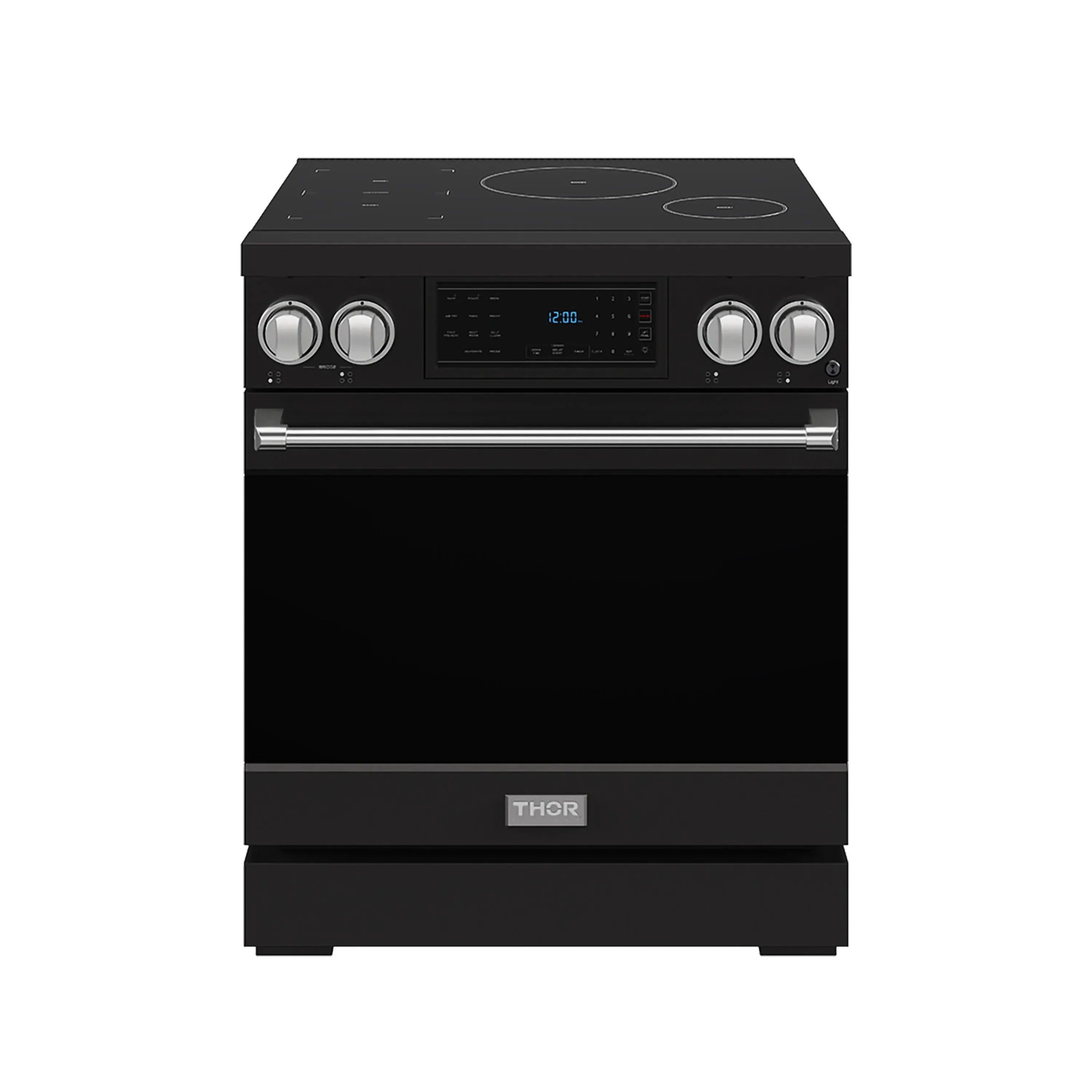 Black induction range with stainless control panel and glass-top cooktop