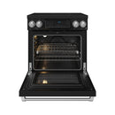 Black induction range with open oven door, wire rack, and interior oven light