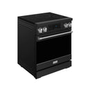 Black induction range with stainless oven door trim and control panel in front