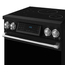 Black induction cooktop with circular burner zones and tilt touch control display
