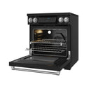 Black induction range with open oven, baking rack, and front pull-out storage drawer