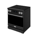 Black 30-inch induction range with stainless trim and tilt touch control panel